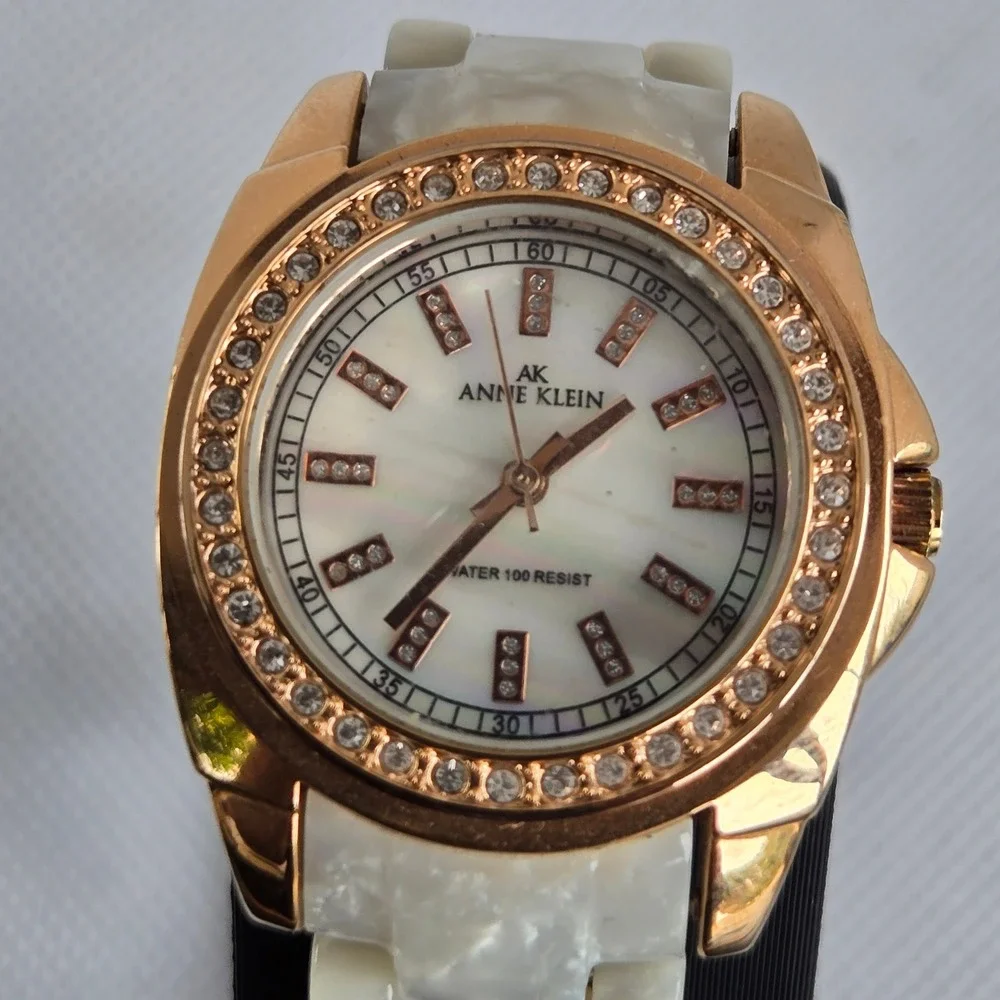 Anne Klein Women's Watch 10/9668 Rose Gold Tone White Resin Crystal Bezel 5.5